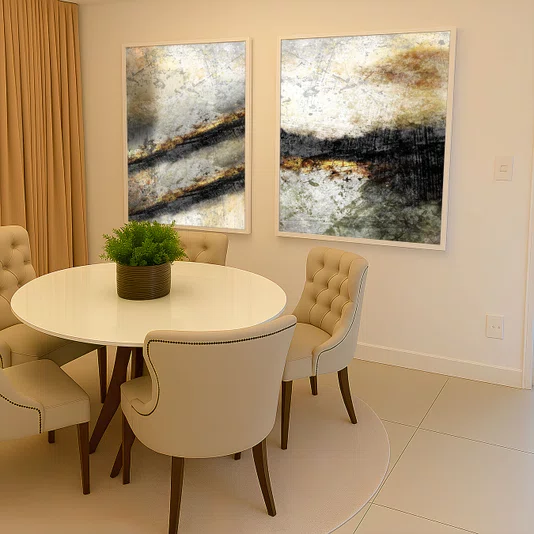 Kit 2 Quadros Abstratos em  Tons Neutros com Toque Dourado com Moldura e Vidro