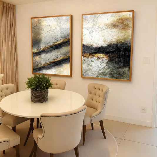 Kit 2 Quadros Abstratos em  Tons Neutros com Toque Dourado com Moldura e Vidro
