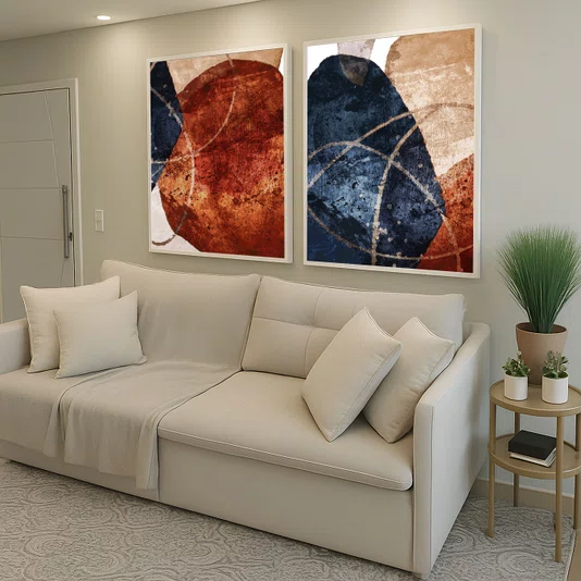 Kit 2 Quadros Abstratos em Tons Terrosos e Azul Profundo com Moldura e Vidro