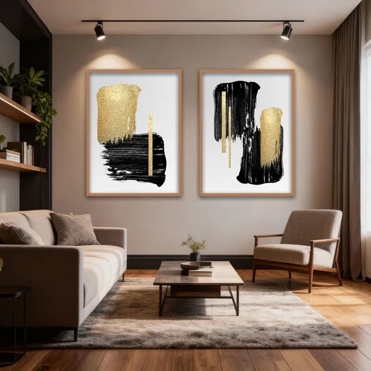 Kit 2 Quadros Abstratos Minimalistas em Preto e Dourado com Moldura e Vidro