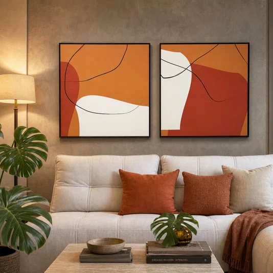 Kit 2 Quadros Abstratos Modernos Laranja, Terracota e Off-White 100x100 cm Cada Quadro