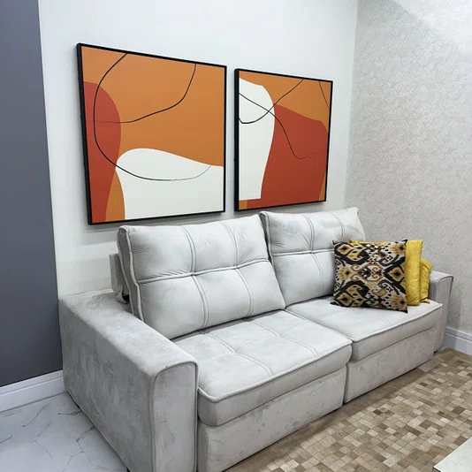Kit 2 Quadros Abstratos Modernos Laranja, Terracota e Off-White 100x100 cm Cada Quadro
