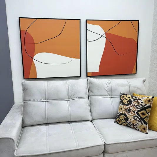 Kit 2 Quadros Abstratos Modernos Laranja, Terracota e Off-White 100x100 cm Cada Quadro