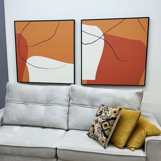 Kit 2 Quadros Abstratos Modernos Laranja, Terracota e Off-White 100x100 cm Cada Quadro