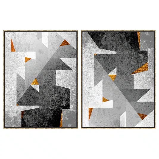 Kit 2 Quadros Abstratos Modernos Preto Cinza e Detalhes Dourados 90x120 cm Cada Quadro