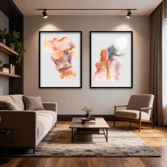 Kit 2 Quadros Abstratos Modernos Tons Suaves e Coloridos com  Moldura e Vidro