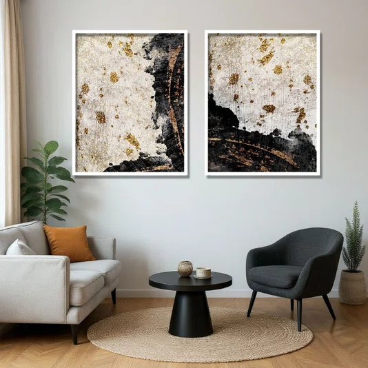 Kit 2 Quadros Abstratos Textura Elegante para Sala Moderna com Moldura e Vidro