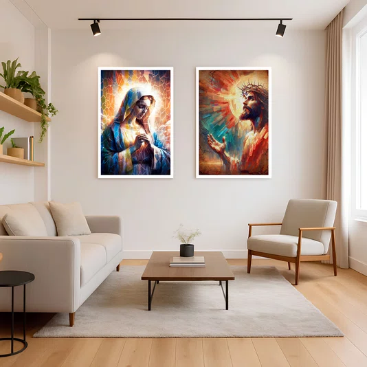 Kit 2 Quadros Arte Religiosa Virgem Maria e Jesus Cristo com Moldura e Vidro