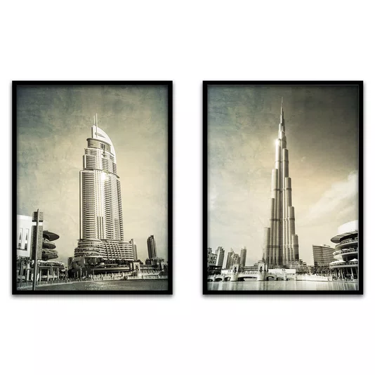 Kit 2 Quadros Burj Khalifa Imponente e Burj Al Arab Luxuoso com Moldura e Vidro