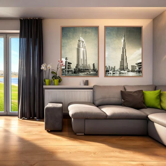 Kit 2 Quadros Burj Khalifa Imponente e Burj Al Arab Luxuoso com Moldura e Vidro