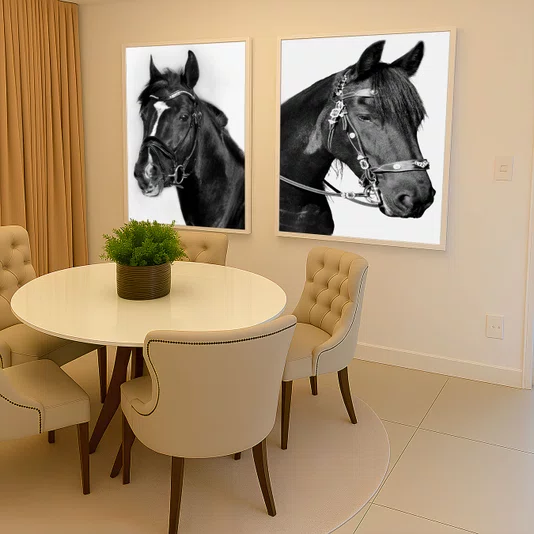 KIT 2 Quadros de Cavalos em Preto e Branco Estilo Hípico com Moldura e Vidro