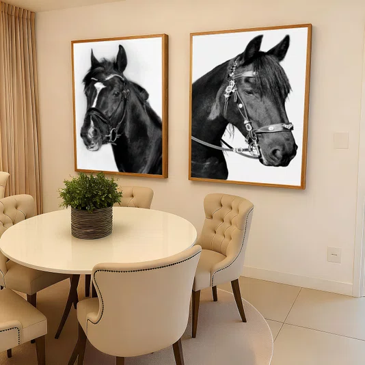 KIT 2 Quadros de Cavalos em Preto e Branco Estilo Hípico com Moldura e Vidro