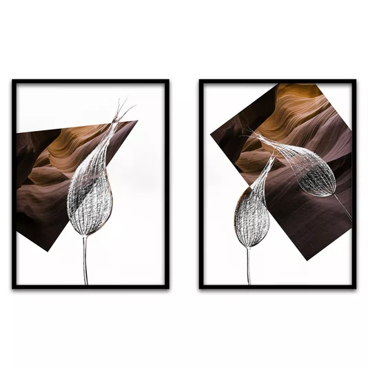 Kit 2 Quadros de Flores Metálicas e Arte Moderna Abstrata com Moldura e Vidro