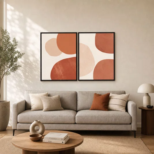 Kit 2 Quadros Decorativos Arte Moderna Abstrata Orgânica Terracota Pêssego Boho