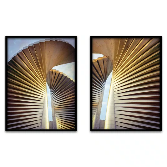 Kit 2 Quadros Decorativos de Arquitetura Abstrata Espiral com Moldura e Vidro
