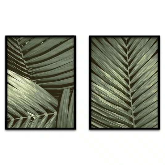 Kit 2 Quadros Folhas de Palmeira Fibrosas e Verde Sálvia com Moldura e Vidro