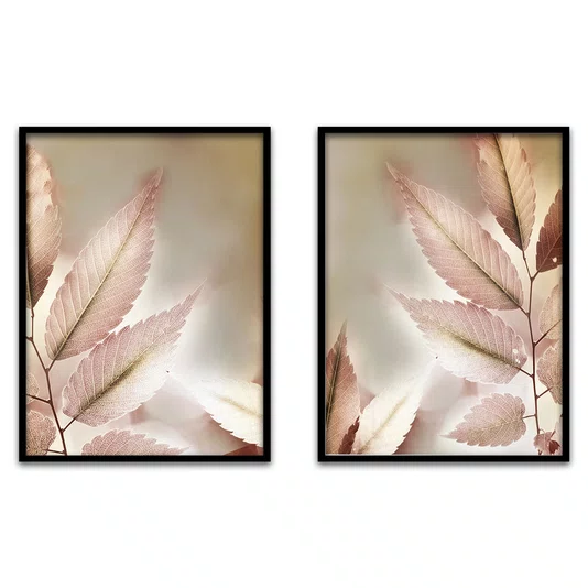 Kit 2 Quadros Folhas Secas Rosadas Outonais Texturas Etéreas com Moldura e Vidro