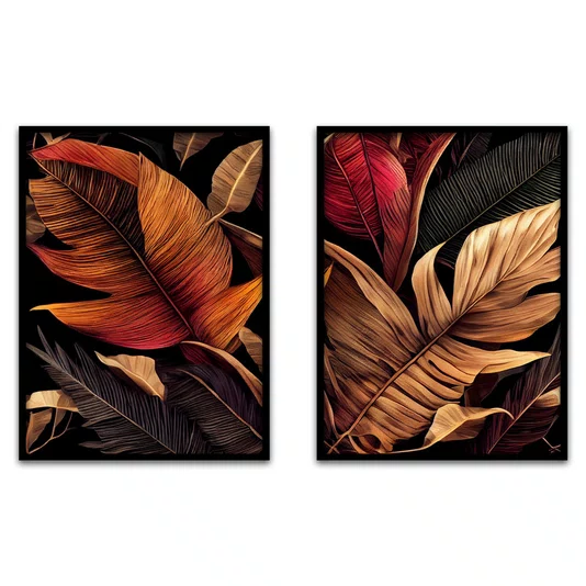 Kit 2 Quadros Folhas Tropicais Tons Quentes Fibrosos e Luxuosos Moldura e Vidro