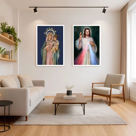 Kit 2 Quadros Religiosos Jesus Cristo e Nossa Sra do Rosário Moldura e Vidro