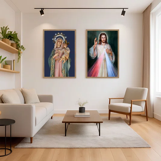 Kit 2 Quadros Religiosos Jesus Cristo e Nossa Sra do Rosário Moldura e Vidro