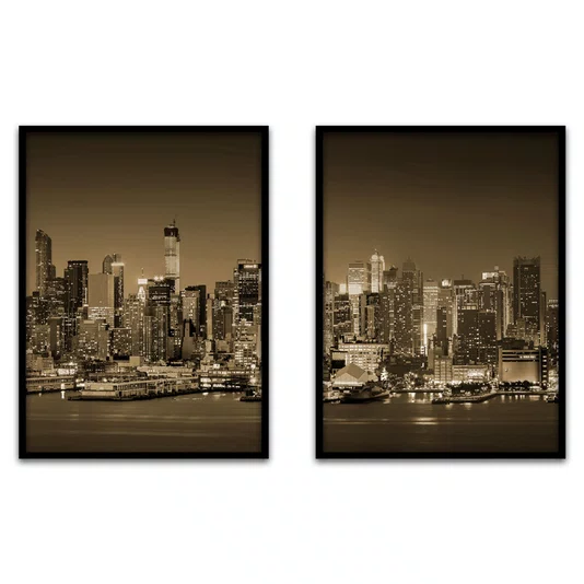 Kit 2 Quadros Skyline Noturno Cidade de Manhattan Iluminada com Moldura e Vidro