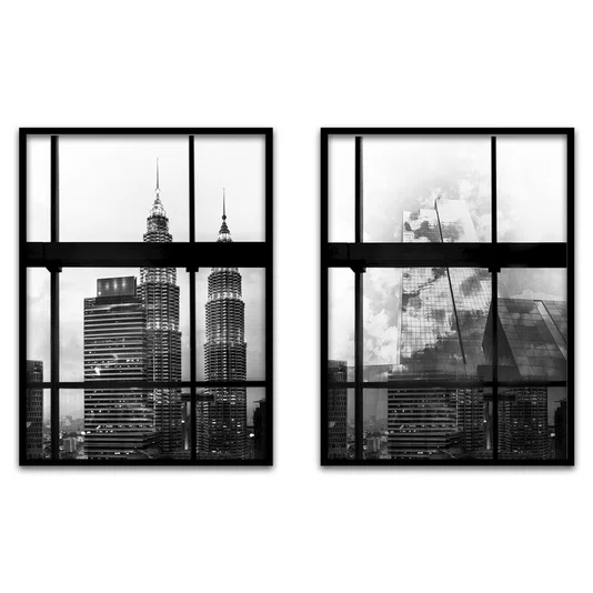 Kit 2 Quadros Urbano Torres e Arranha-Céus Decoração Janela com Moldura e Vidro