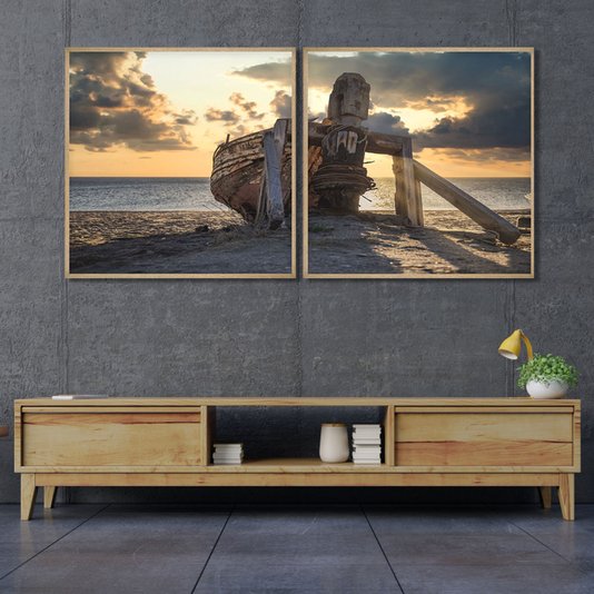 Kit 2 Quadros Vintage Barco Pescador Pôr do Sol 146x73 cm