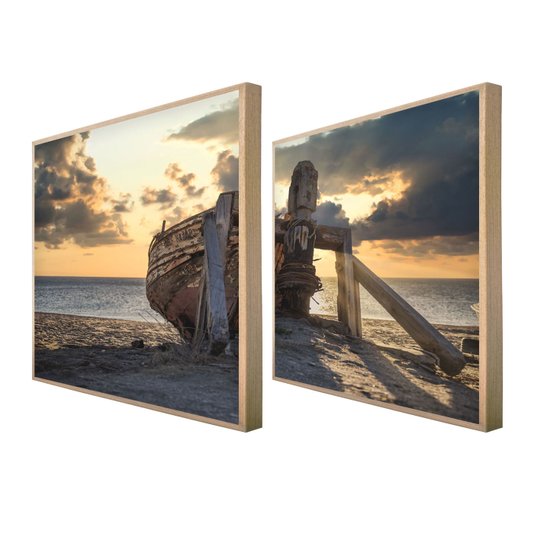Kit 2 Quadros Vintage Barco Pescador Pôr do Sol 146x73 cm