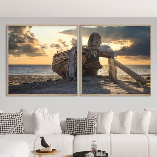 Kit 2 Quadros Vintage Barco Pescador Pôr do Sol 146x73 cm