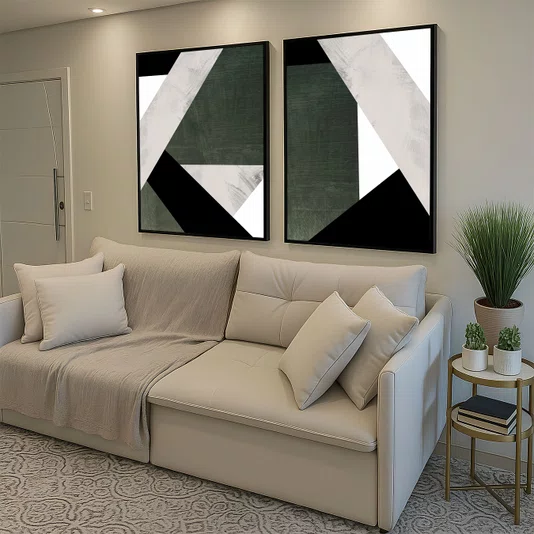 Kit Abstrato Geométrico 2 Peças Verde Musgo e Tons Neutros com Moldura e Vidro Kit Abstrato Geométrico 2 Peças Verde Musgo e Tons Neutros com Moldura e Vidro