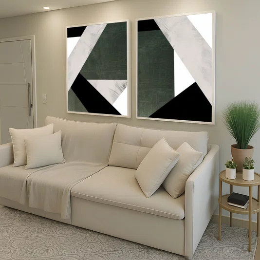 Kit Abstrato Geométrico 2 Peças Verde Musgo e Tons Neutros com Moldura e Vidro