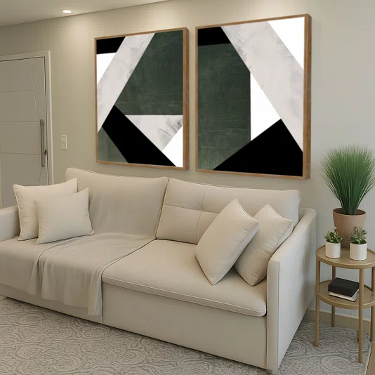 Kit Abstrato Geométrico 2 Peças Verde Musgo e Tons Neutros com Moldura e Vidro