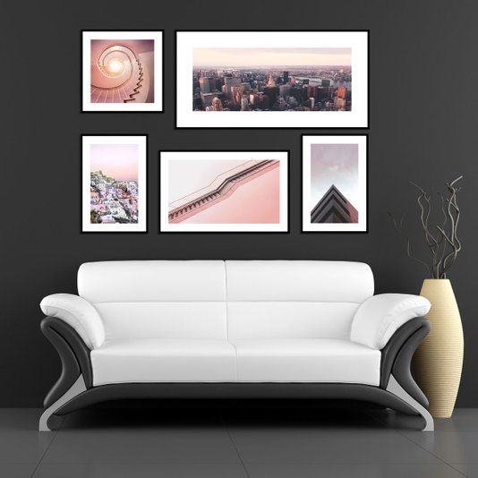 Kit com 5 Quadros Cidades Arquitetura Rosa Millennial 190x120 cm
