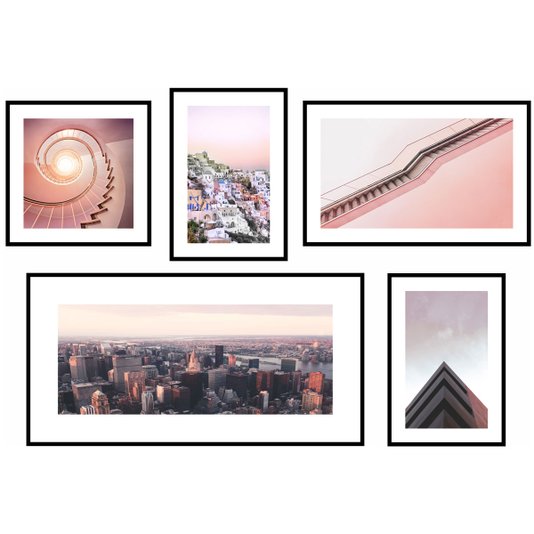 Kit com 5 Quadros Cidades Arquitetura Rosa Millennial 190x120 cm