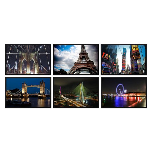 Kit com 6 Quadros Decorativos Cidades Londres Paris Nova York São Paulo 90x60cm