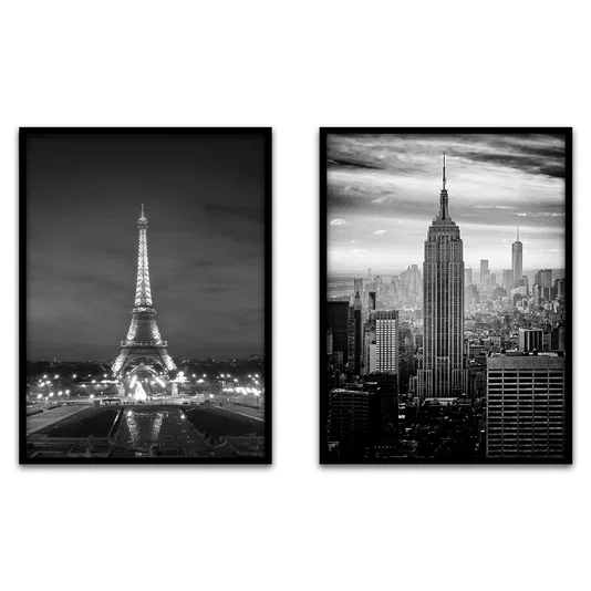Kit de 2 Quadros Urbanos Ícones Torre Eiffel e Empire State com Moldura e Vidro