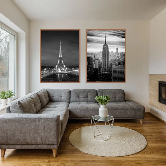 Kit de 2 Quadros Urbanos Ícones Torre Eiffel e Empire State com Moldura e Vidro