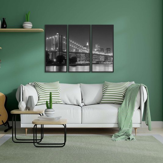 Kit de 3 Quadros em Preto e Branco New York Ponte Brooklyn 150x100cm