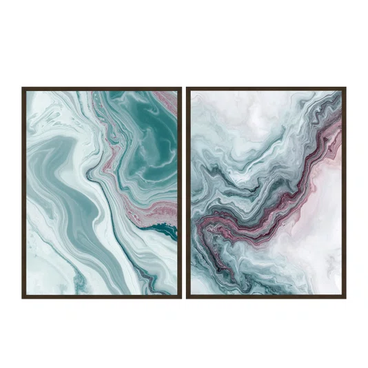 Kit de Quadros Abstratos Arte Fluida Tons de Verde Água e Lílas Estilo Mármore