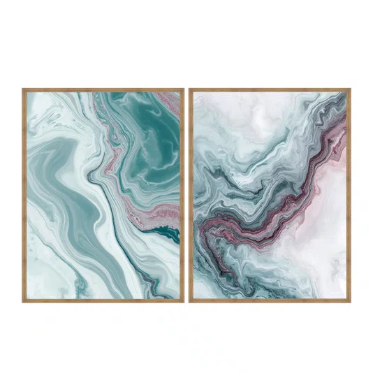 Kit de Quadros Abstratos Arte Fluida Tons de Verde Água e Lílas Estilo Mármore
