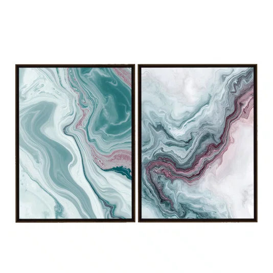 Kit de Quadros Abstratos Arte Fluida Tons de Verde Água e Lílas Estilo Mármore