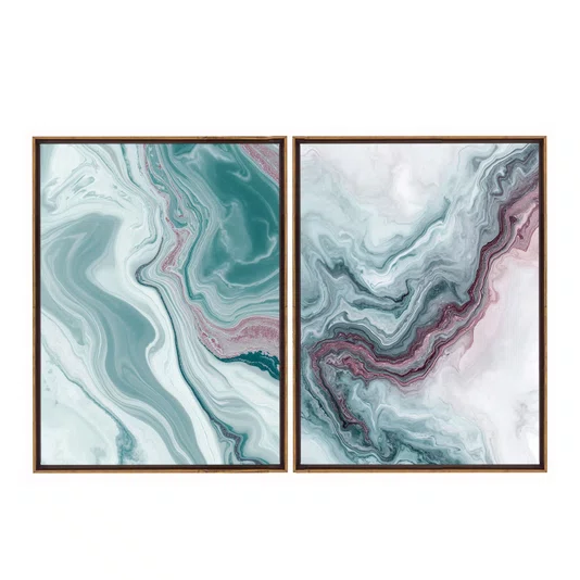 Kit de Quadros Abstratos Arte Fluida Tons de Verde Água e Lílas Estilo Mármore