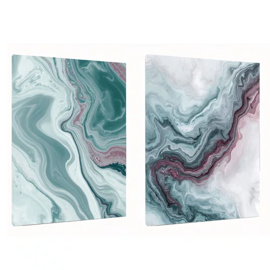 Kit de Quadros Abstratos Arte Fluida Tons de Verde Água e Lílas Estilo Mármore