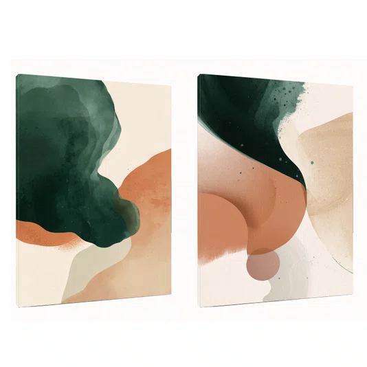 Kit de Quadros Abstratos de Formas Orgânicas em Tons Verdes Terracorta e Creme