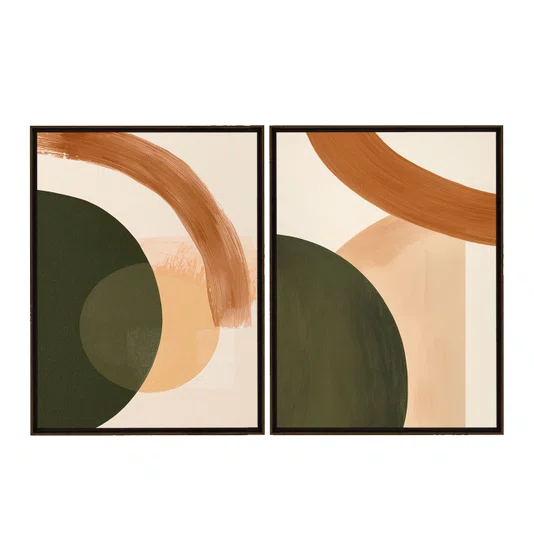 Kit de Quadros Abstratos Geométricos Verde Floresta com Pêssego e Terracota
