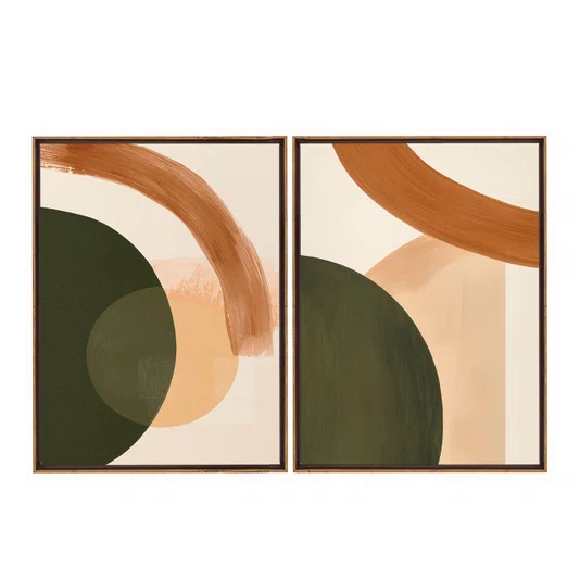Kit de Quadros Abstratos Geométricos Verde Floresta com Pêssego e Terracota