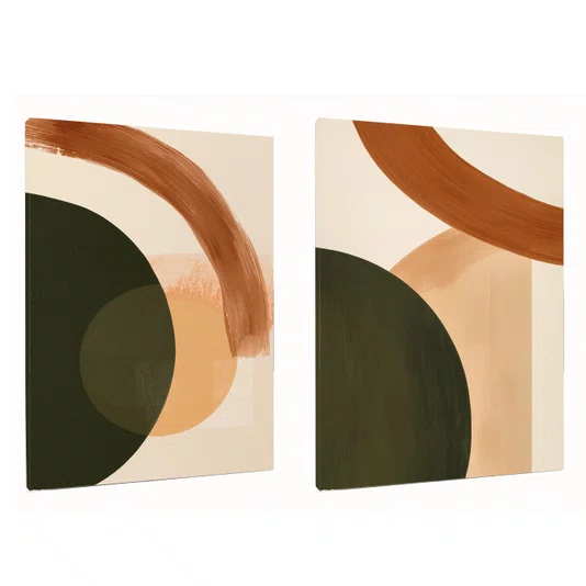 Kit de Quadros Abstratos Geométricos Verde Floresta com Pêssego e Terracota