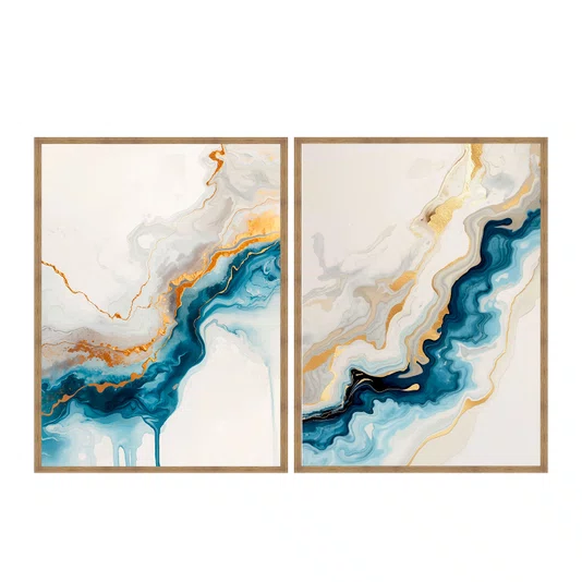 Kit de Quadros Abstratos Modernos Formas Fluidas de Azul Profundo e Ouro Metálico