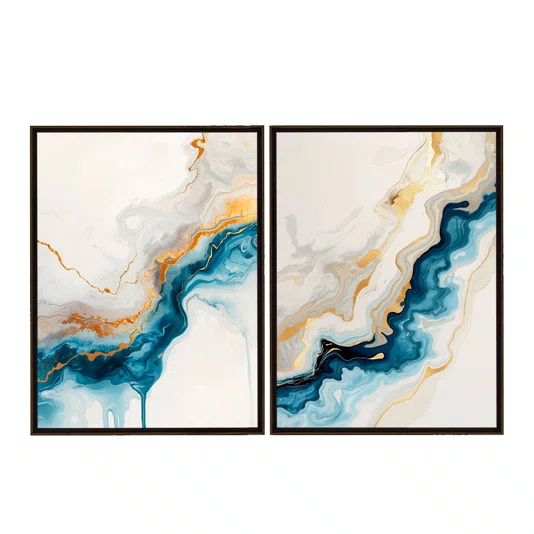 Kit de Quadros Abstratos Modernos Formas Fluidas de Azul Profundo e Ouro Metálico