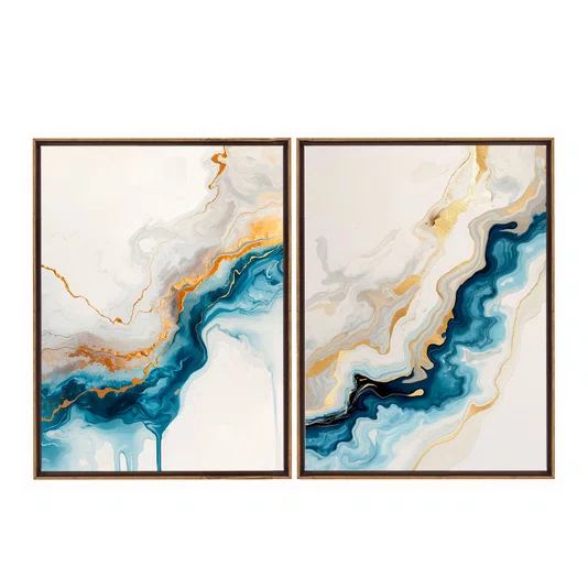 Kit de Quadros Abstratos Modernos Formas Fluidas de Azul Profundo e Ouro Metálico